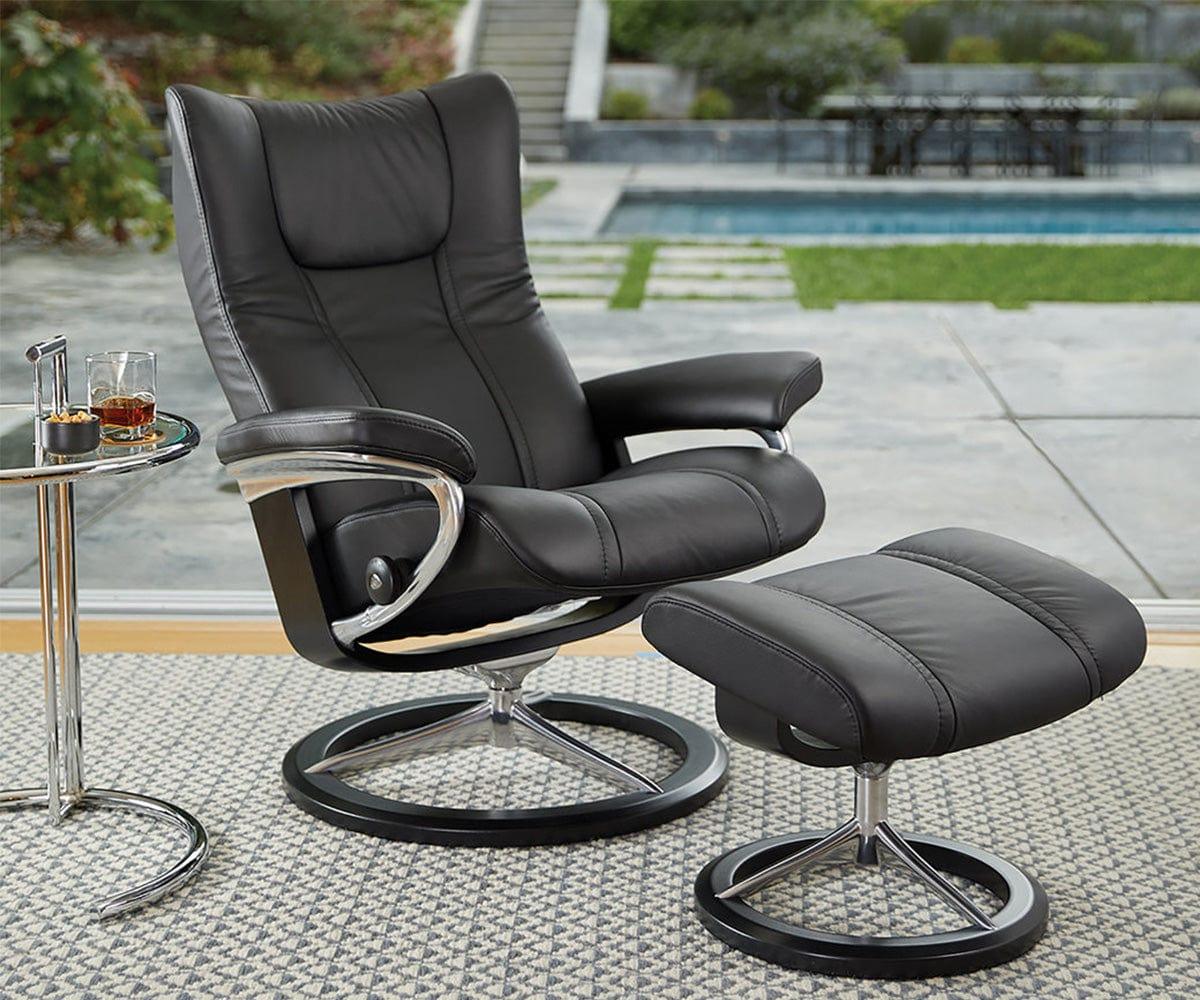 Stressless® Wing Recliner & Ottoman with Signature Base - Black - Image 3